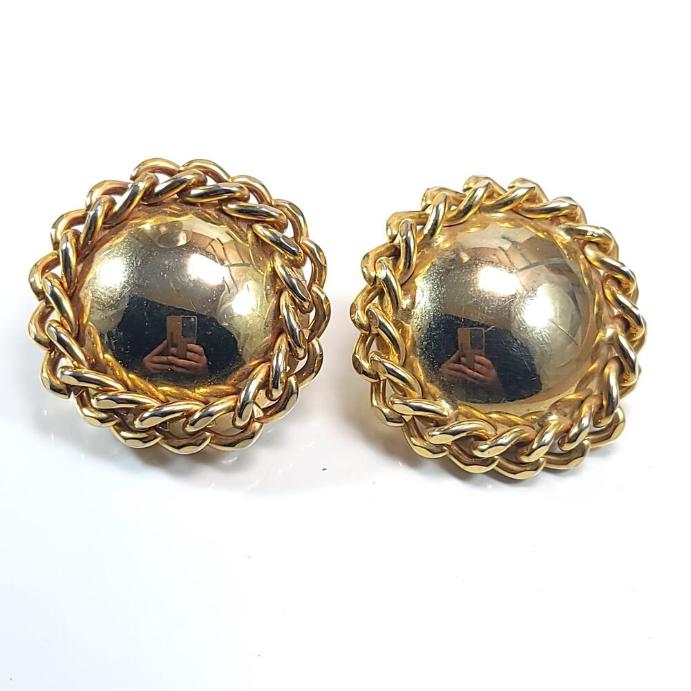 Vintage Gold Tone Clip-On Earrings with Twisted Rope Design and Dome Center